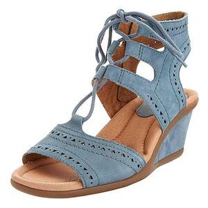 Earth Daffodil Dusty Blue Nubuck leather lace up wedge sandals womens 8 wide